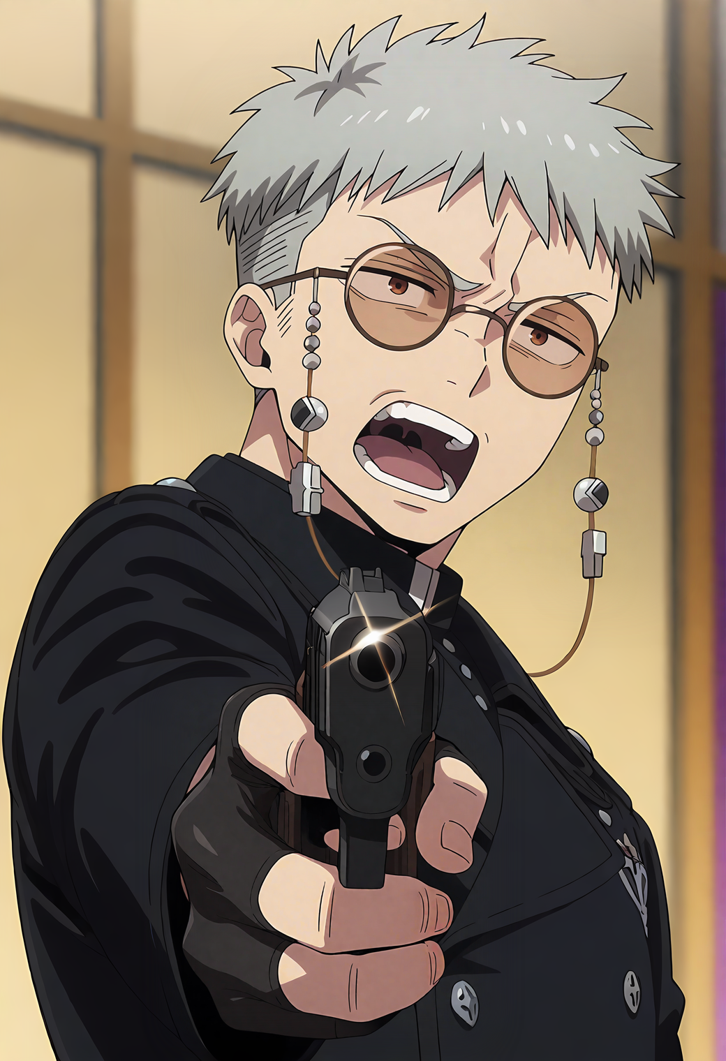 <lora:Fujimoto_Shiro_Blue_Exorcist__Ao_No_Exorcist__éã®ç¥é­å¸«:1>,fsh1r0,gray_fsh1r0_sh1r0_hair,red_fsh1r0_eyes,1boy,male focus,solo,undercut,
fsh1r0_round_glasses,
looking afar,holding gun,handgun, aiming at viewer,foreshortening,
open mouth,v-shaped eyebrows,shouting,
black coat,
blurry background,
upper body,fingerless gloves,
masterpiece,very awa,best quality,amazing quality,absurdres,absurd res,hires,highres