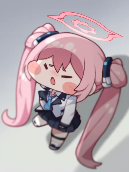(trickcalcg, chibi:1.4), (blush stickers, blush), blue archive, koyuki \(blue archive\), 1girl, black gloves, black skirt, blue necktie, fingerless gloves, gloves, halo, jacket, long hair, long sleeves, necktie, open mouth, pink hair, pink halo, shirt, simple background, skirt, solo, twintails, very long hair, white background, white jacket, white shirt,
colorful, (best shadow:1.2), golden hour lighting, (Depth of field:1.2), beautiful detailed glow,
(masterpiece, best quality, absurdres, highres, newest:1.2), very awa,