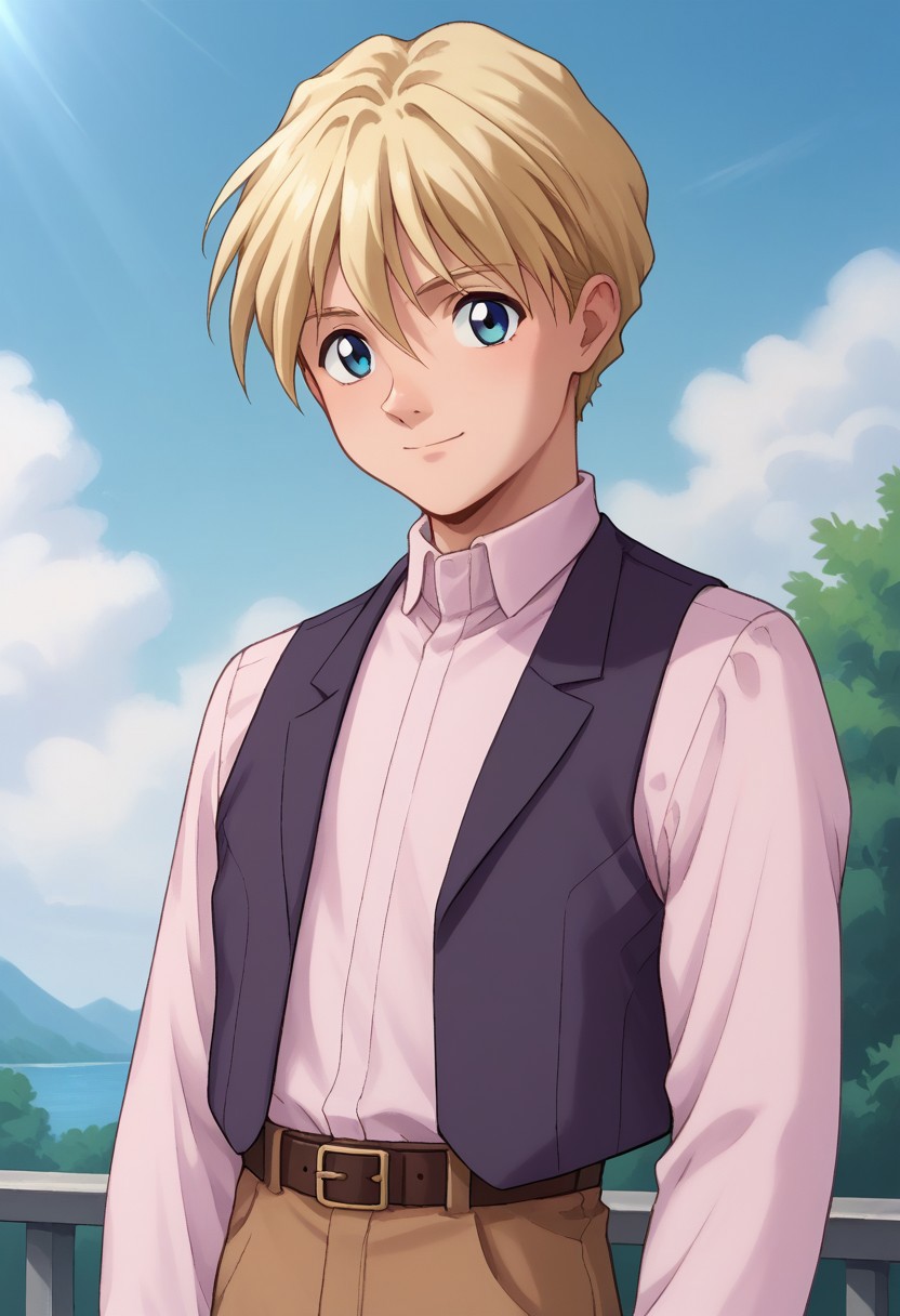 score_9, score_8_up, score_7_up, source_anime, highly detailed, 
raberba, solo, blonde hair, 1boy, male focus, brown pants, blue eyes, pants, upper body, shirt, standing, vest, purple vest, long sleeves, looking at viewer, pink shirt, short hair,  closed mouth, belt, smile
outside, sky,