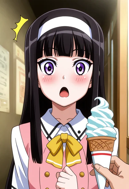 masterpiece, best quality, 1girl, solo, eyelashes, (beautiful eyes), zzMidori, black hair, long hair, purple eyes, surprised, blush, open mouth, school uniform, ice cream, vanilla, awe, looking at ice cream, imminent dessert, ,<lora:SuzuMidori_KanojoX3_IXL_v1:1.0>,