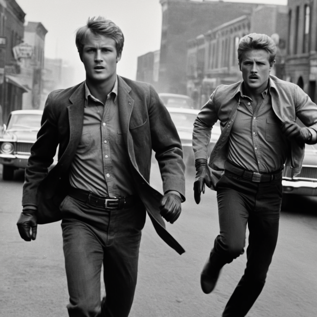 analog film photo of  <lora:1960's style:1>
In the 1960's butch cassidy and the sundance kid  running down a street,short hair,shirt,gloves,long sleeves,holding,jacket,monochrome,greyscale,male focus,multiple boys,open clothes,collared shirt,belt,pants,2boys,open jacket,facial hair,formal,suit ,realistic,realism, detailed, perfection,perfect,filmic,retro,vintage,classic,different haircut,different look,different style,1960's style , 1960 style, faded film, desaturated, 35mm photo, grainy, vignette, vintage, Kodachrome, Lomography, stained, highly detailed, found footage