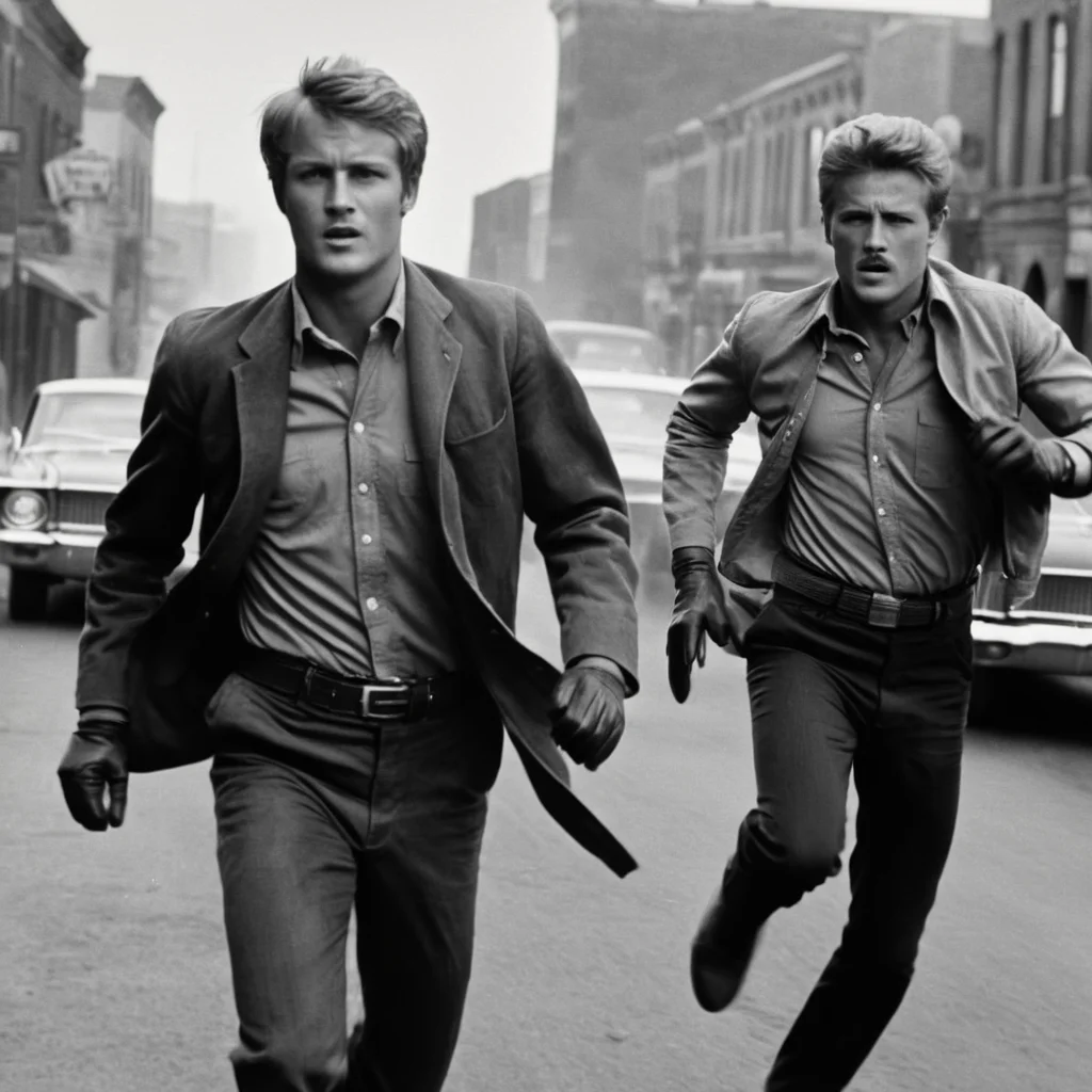 analog film photo of  <lora:1960's style:1>
In the 1960's butch cassidy and the sundance kid  running down a street,short hair,shirt,gloves,long sleeves,holding,jacket,monochrome,greyscale,male focus,multiple boys,open clothes,collared shirt,belt,pants,2boys,open jacket,facial hair,formal,suit ,realistic,realism, detailed, perfection,perfect,filmic,retro,vintage,classic,different haircut,different look,different style,1960's style , 1960 style, faded film, desaturated, 35mm photo, grainy, vignette, vintage, Kodachrome, Lomography, stained, highly detailed, found footage