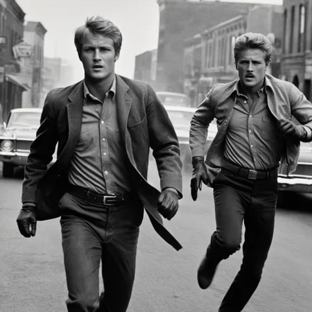 analog film photo of <lora:1960's style:1>
In the 1960's butch cassidy and the sundance kid running down a street,short hair,shirt,gloves,long sleeves,holding,jacket,monochrome,greyscale,male focus,multiple boys,open clothes,collared shirt,belt,pants,2boys,open jacket,facial hair,formal,suit ,realistic,realism, detailed, perfection,perfect,filmic,retro,vintage,classic,different haircut,different look,different style,1960's style , 1960 style, faded film, desaturated, 35mm photo, grainy, vignette, vintage, Kodachrome, Lomography, stained, highly detailed, found footage