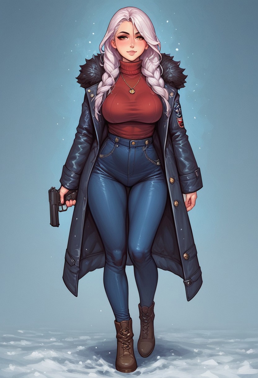 score_9, score_8_up, score_7_up, BREAK,
1 girl, portrait, winter jacket with fur hood, long hair, winter, snowfall, 1girl solo, white hair, looking at viewer, bangs, day, blue sky, hair between eyes, outdoors, blush dramatic lights, relax, ((long big pistol in hands, handgun in hands)) 
(((full-clothed))),
BREAK 
(lane background:1.5) score_9, score_8_up, score_7_up, score_6_up, source_cartoon, rating_explicit, Expressiveh, (((((full body))))), dynamic pose