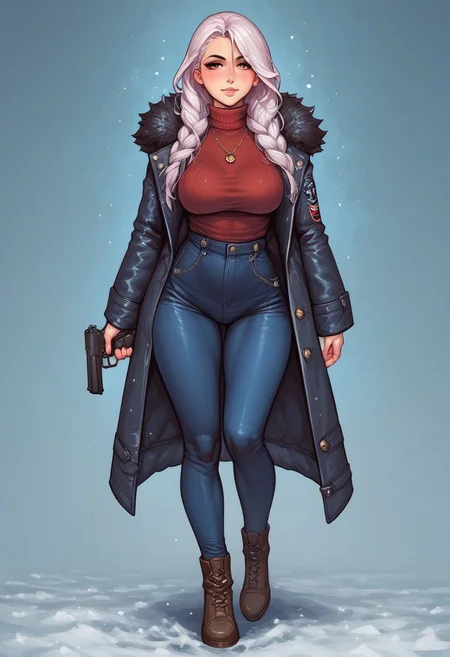 score_9, score_8_up, score_7_up, BREAK,
1 girl, portrait, winter jacket with fur hood, long hair, winter, snowfall, 1girl solo, white hair, looking at viewer, bangs, day, blue sky, hair between eyes, outdoors, blush dramatic lights, relax, ((long big pistol in hands, handgun in hands))
(((full-clothed))),
BREAK
(lane background:1.5) score_9, score_8_up, score_7_up, score_6_up, source_cartoon, rating_explicit, Expressiveh, (((((full body))))), dynamic pose