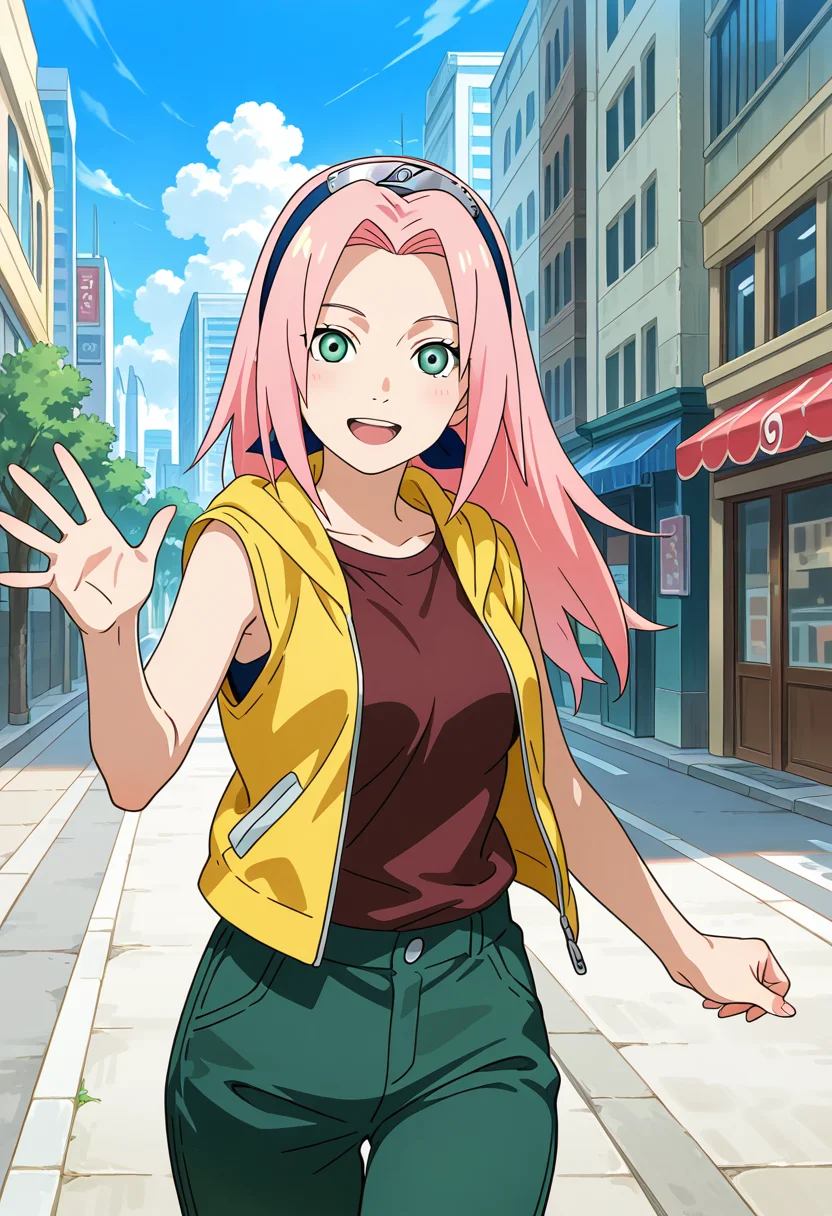 master piece, high quality, highres, (((medium breasts))), big hips, 1girl, solo, (Yellos Jacket, sleeveless jacket, brown t-shirt, t-shirt under jacket, Green long pants), City, Outdoor, exterior, treet, street, buildings, day, sky, clouds, <lora:SakuraGeninV2PDXL_byKonan:1>, haruno sakura, pink hair, long hair, green eyes, Smile, open mouth, open hand, greeting, looking at viewer