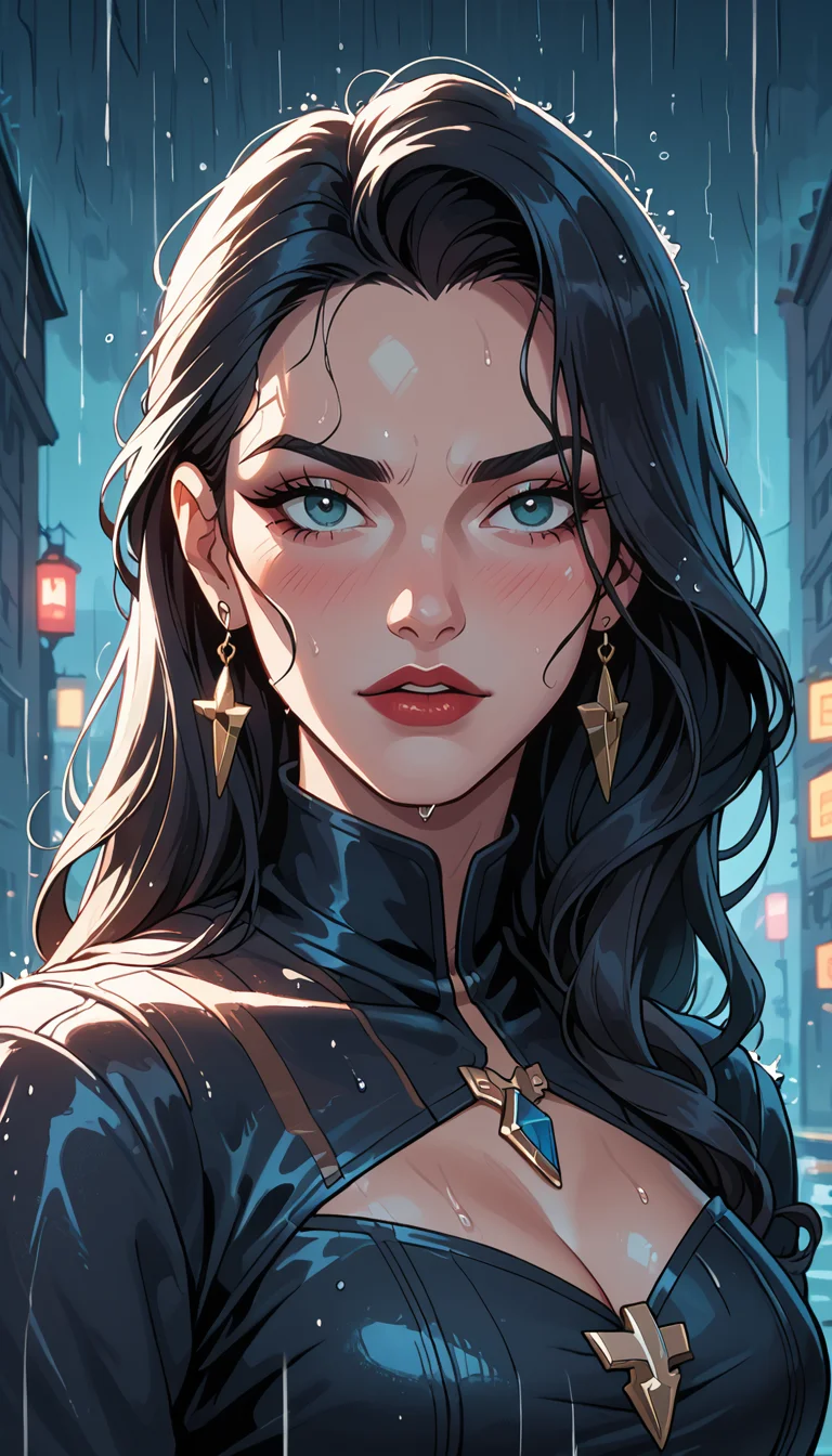 score_9, score_8_up, score_7_up, (Western Comics), girl, cute, seductive, innocent, in a black long wavy decent dress, in heavy rain, storm, thunder and lightning, a dark and vague scene but quite clear and aesthetic in the eyes of the audience, fantasy art, mysterious picture, (Portrait photo), (depth of field), (dynamic angle), (ultra detailed, high quality texture), (sharp), (artistic image)
