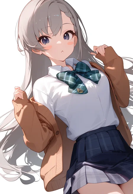 1girl,collared shirt,dress shirt,hisakawa hayate,looking at viewer,pleated skirt,simple background,solo,white background,white shirt,blue skirt,green bow,grey skirt,plaid skirt,school uniform,sleeves past wrists,blush stickers,brown cardigan,off shoulder,open cardigan,open jacket,hands up,long sleeves,parted lips,puffy long sleeves,<lora:a31_char_new_hisakawa_hayate-000026:1>masterpiece, best quality, absurdres<lora:a31_style_koni-000010:0.8>