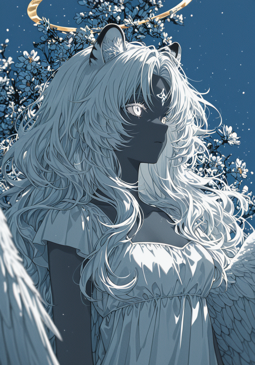 masterpiece, best quality, good quality, solo, wings, 1girl, golden halo, white eyes, long hair, two wings, (Cyan blue theme:1.0), angel wings, (spot color), forehead_mark, looking afar, (monochrome:0.77), angel, simple background, white hair, black, white dress, (greyscale:0.7), closed mouth, depth of field, dynamic, floral background, anime wallpaper, anime character, white hair, gold eyes, (dark skin), (fluffy big hair), white tiger ears, solo, girl, water particles, safe