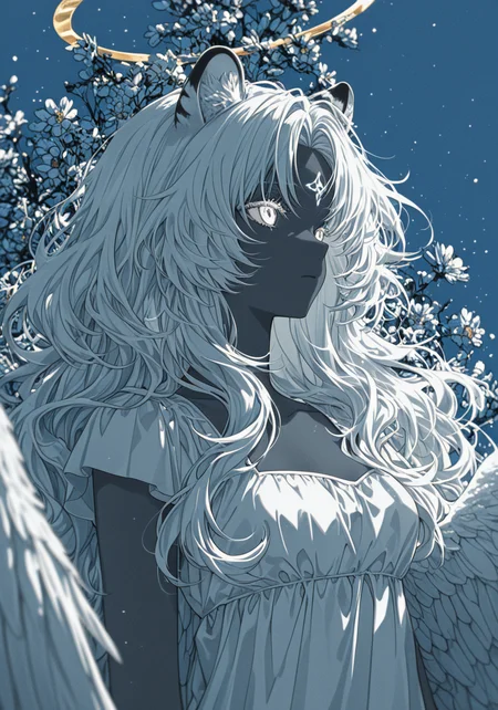masterpiece, best quality, good quality, solo, wings, 1girl, golden halo, white eyes, long hair, two wings, (Cyan blue theme:1.0), angel wings, (spot color), forehead_mark, looking afar, (monochrome:0.77), angel, simple background, white hair, black, white dress, (greyscale:0.7), closed mouth, depth of field, dynamic, floral background, anime wallpaper, anime character, white hair, gold eyes, (dark skin), (fluffy big hair), white tiger ears, solo, girl, water particles, safe
