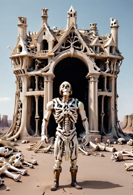 boneswm, he-man, blonde hair, harness, NEGATIVE_HANDS, easynegative, he-man standing sword drawn, looking up, bone he-man, in a desert wasteland, castle ruins in background, vultures flying overhead,