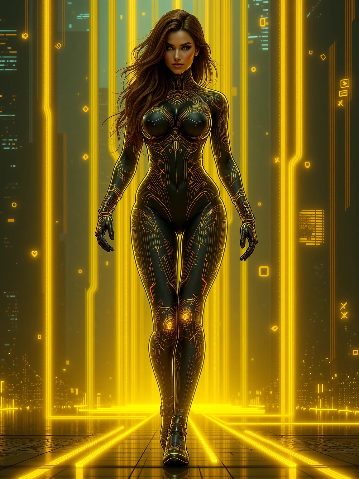 (glowing neon text reading "Neon Cyberpunk Cyberspace" floating in the bottom), mad-cyberspace, woman wearing futuristic bodysuit, dynamic pose, yellow glowing outlines, yellow coloring, grid, cyberpunk, cityscape, photorealistic  <lora:Neon_Cyberpunk_Cyberspace_FLUX:0.8>