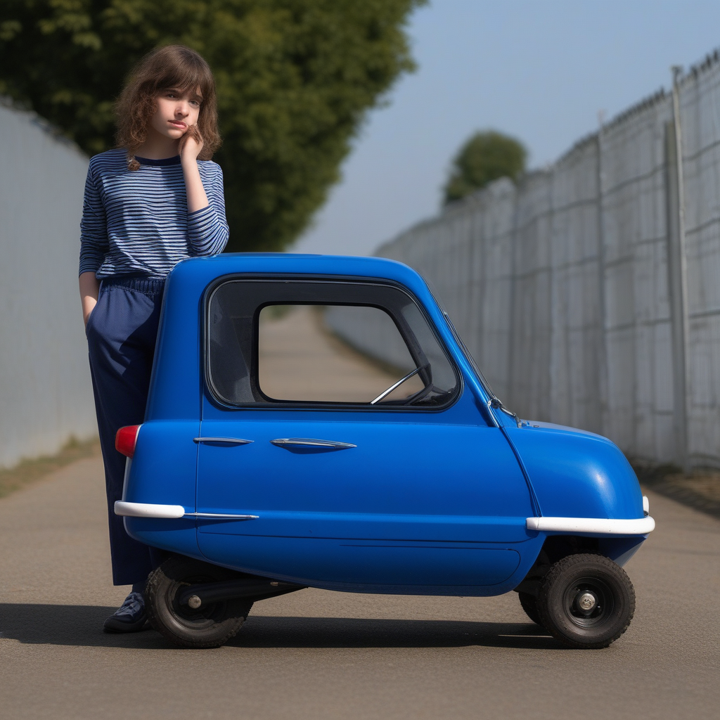 blue pants, tree, shadow, english text, vehicle focus, tiny car, fence, old man, road, grey background, 1girl, stubble