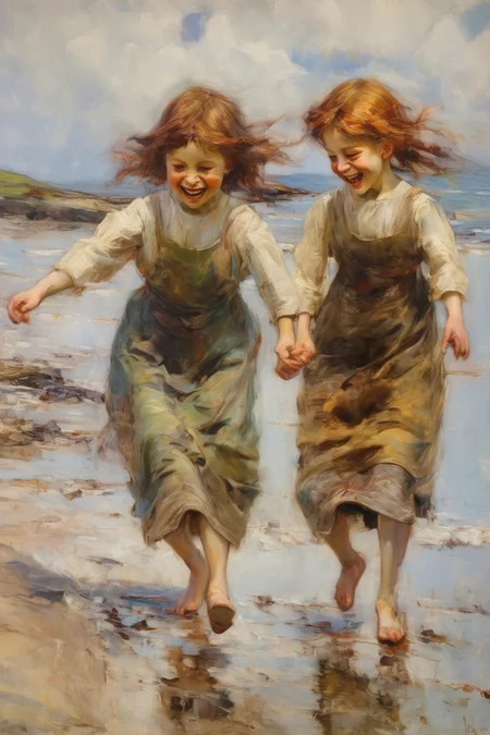 <lora:William McTaggart Style:1>William McTaggart Style - Children giggling and playing on the shore