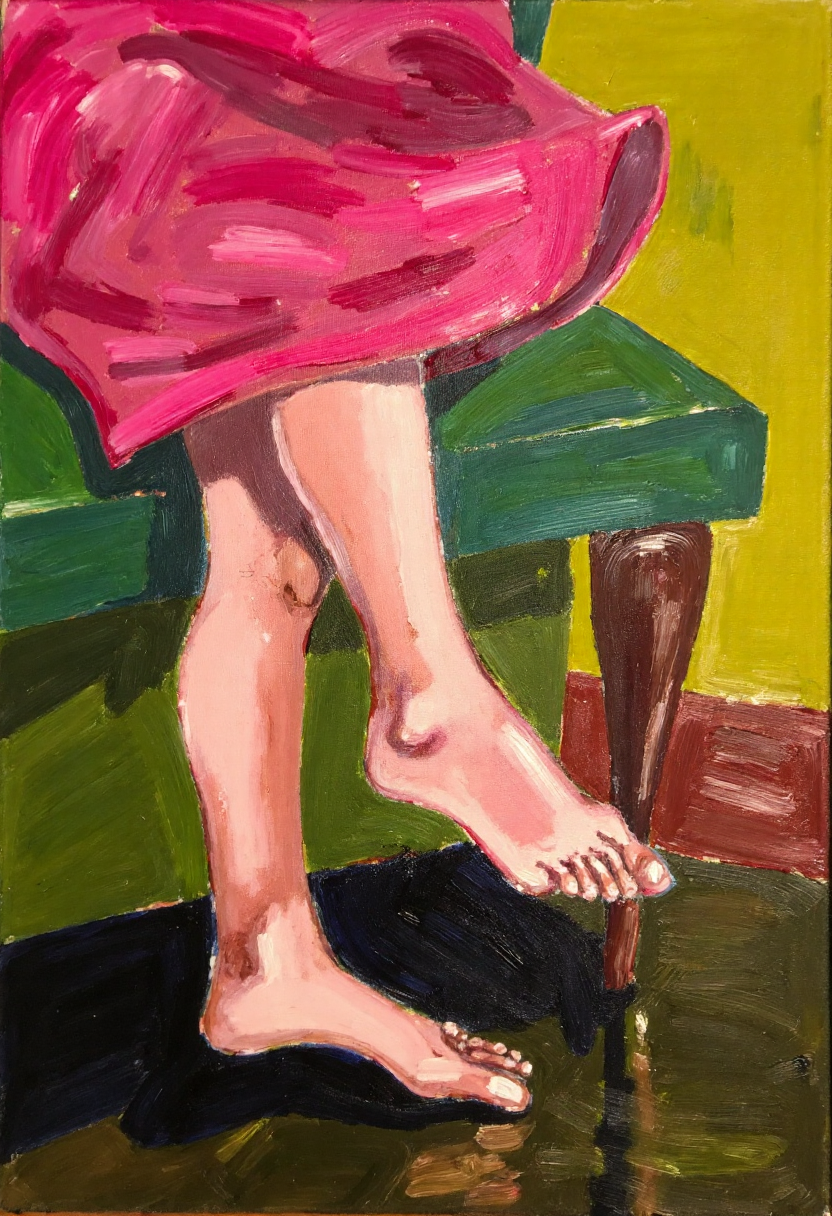 <lora:Thrift_Store_Paintings_FLUX:1>
The image is a vibrant, expressive painting on canvas depicting a scene of a grandmother showing off her bare feet.