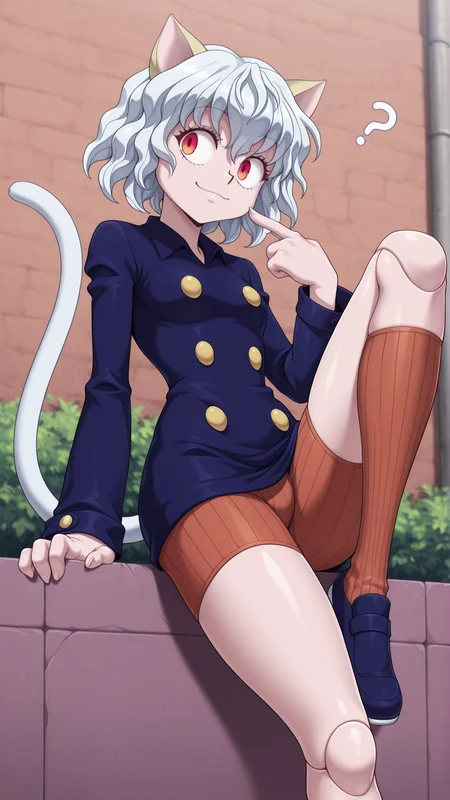 masterpiece,best quality,amazing quality, 1girl, solo, <lora:IlluPitou:1> illupitou, cat ears, cat tail, white hair, red eyes, joints, smile, 4 fingers, buttons, shorts, long sleeves, kneehighs, shoes, leaning back, on wall, knee up, pointing at self, ?, outdoors, looking to the side,