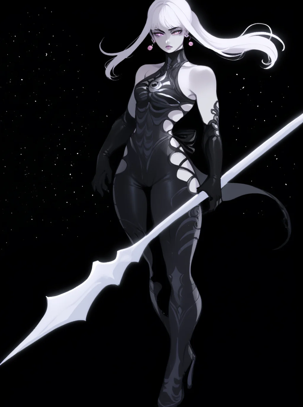 score_9 <lora:omega_f:1>
omega_f, 1girl, colored skin, gray skin, pale skin, white hair, long hair, ponytail, sidelocks, pink eyes, black bodysuit, silver trim, bare shoulders, elbow gloves, hip vents, black ribbon on waist, ribbon on back, heelboots, earrings
floating, looking at viewer, polearm, holding weapon, holding polearm, white polearm,
space, outer space, space background, black background <lora:NyantchaV2:1>