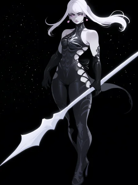 score_9 <lora:omega_f:1>
omega_f, 1girl, colored skin, gray skin, pale skin, white hair, long hair, ponytail, sidelocks, pink eyes, black bodysuit, silver trim, bare shoulders, elbow gloves, hip vents, black ribbon on waist, ribbon on back, heelboots, earrings
floating, looking at viewer, polearm, holding weapon, holding polearm, white polearm,
space, outer space, space background, black background <lora:NyantchaV2:1>