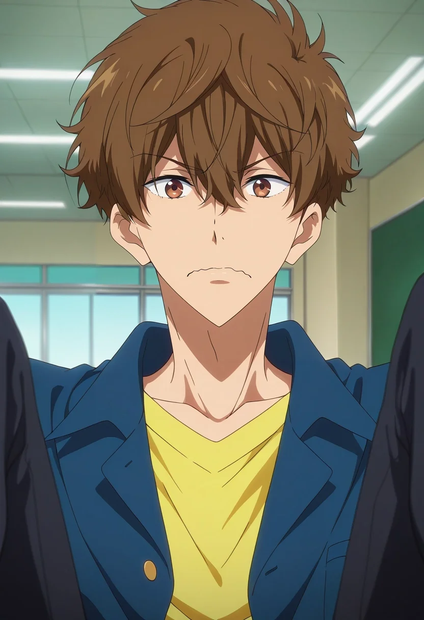 masterpiece, best quality, intricate details, anime screencap, anime coloring, official style, looking at viewer, 1boy, solo, male focus, <lora:natsuya_kirishima_ilxl:0.96>, natsuya_kirishima, brown hair, brown eyes, short hair, hair between eyes, bangs, focused, school, indoors, legs up, wavy mouth, closed mouth,