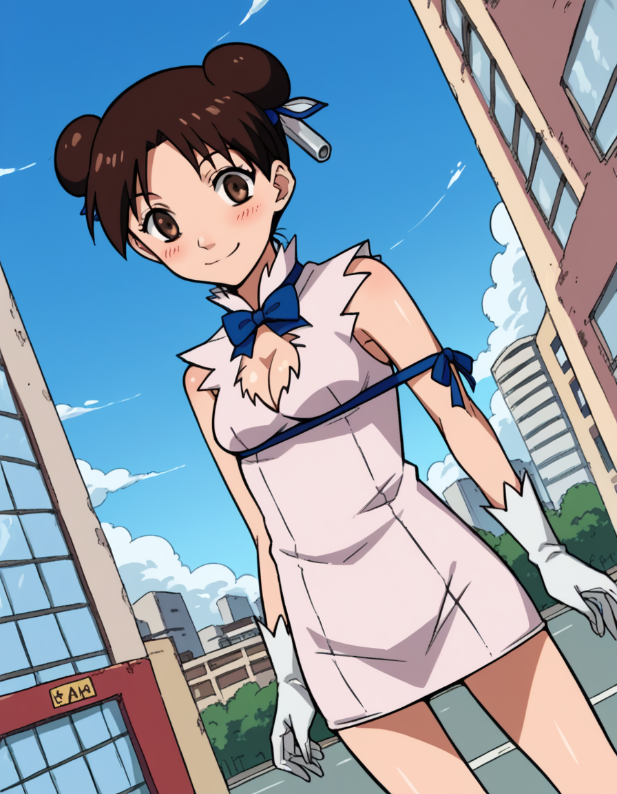 score_9, score_8_up, score_7_up, source_anime, <lora:tenten-s1-ponyxl-lora-nochekaiser:1>, tenten, brown hair, brown eyes, hair bun, double bun,, <lora:hestia-cosplay-ponyxl-lora-nochekaiser:1>, hestiacosplay, hestia (danmachi) (cosplay), blue bow, blue bowtie, bow, bowtie, cleavage, cleavage cutout, clothing cutout, dress, gloves, pencil dress, rei no himo, short dress, white dress, white gloves, blue ribbon, arm ribbon,, outdoors, cityscape, street, smile, blush, , cowboy shot, dutch angle