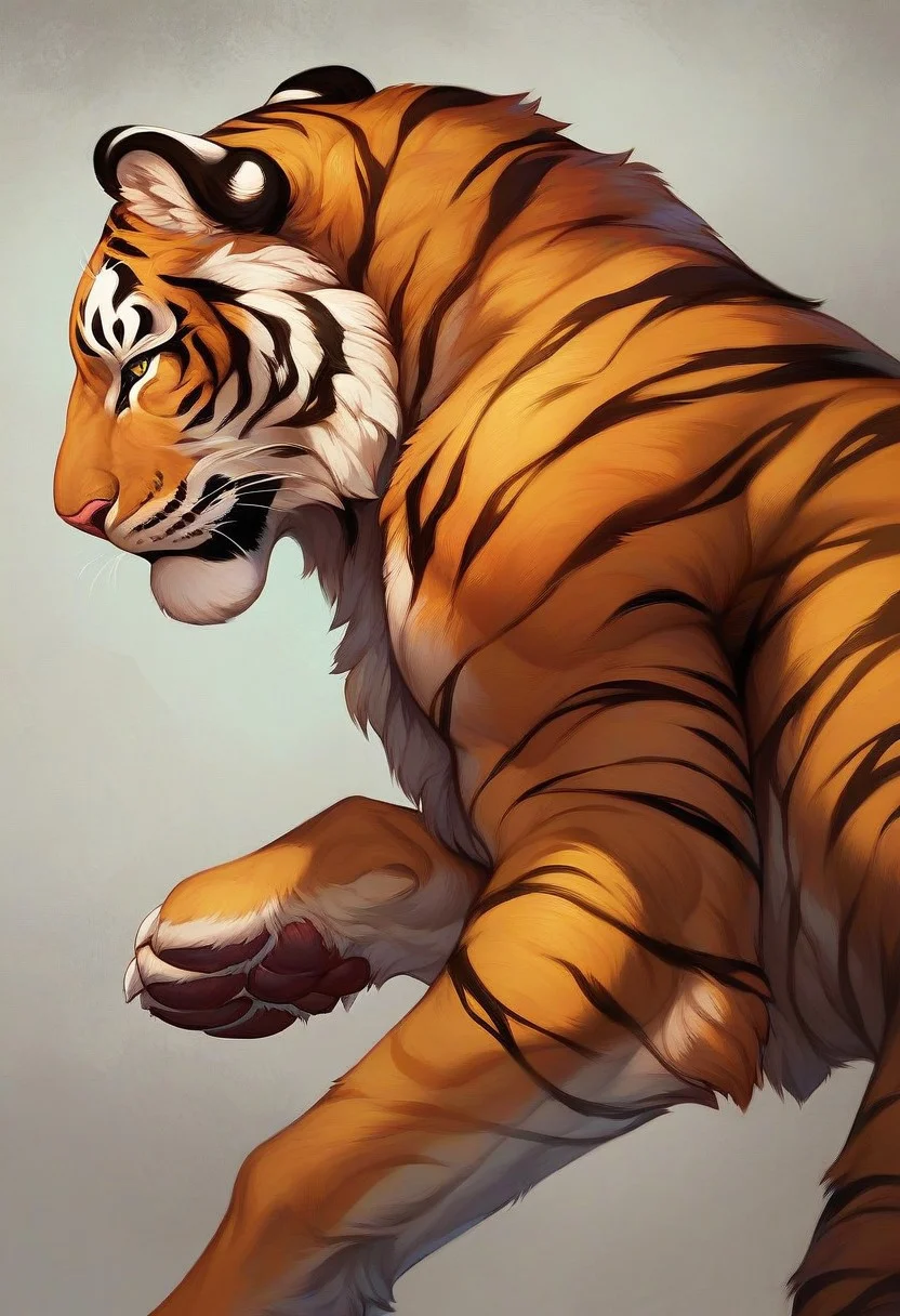 score_9, score_8_up, score_7_up, zzCitronLegacy, Tiger, half-side view, paws, The tiger has big paws, best quality, high detail, 4k, upscaled, enhanced, detailed background,