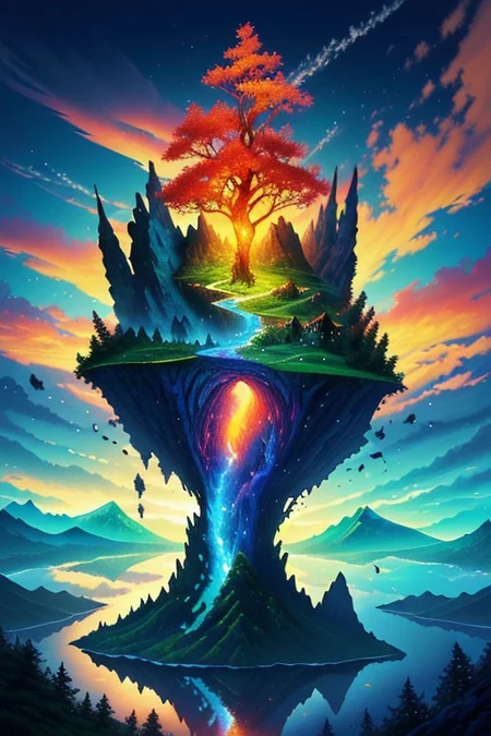 (ultra high res:1.4), (masterpiece), (beautiful lighting:1.4), clear water, beautiful sky with clouds, tree, masterpiece, pretty, surreal landscape image featuring floating islands, upside-down mountains, and unconventional flora. Include a dreamlike quality, pushing the boundaries of reality. Conjure a scene that has imaginative and otherworldly elements. big wooden bridge