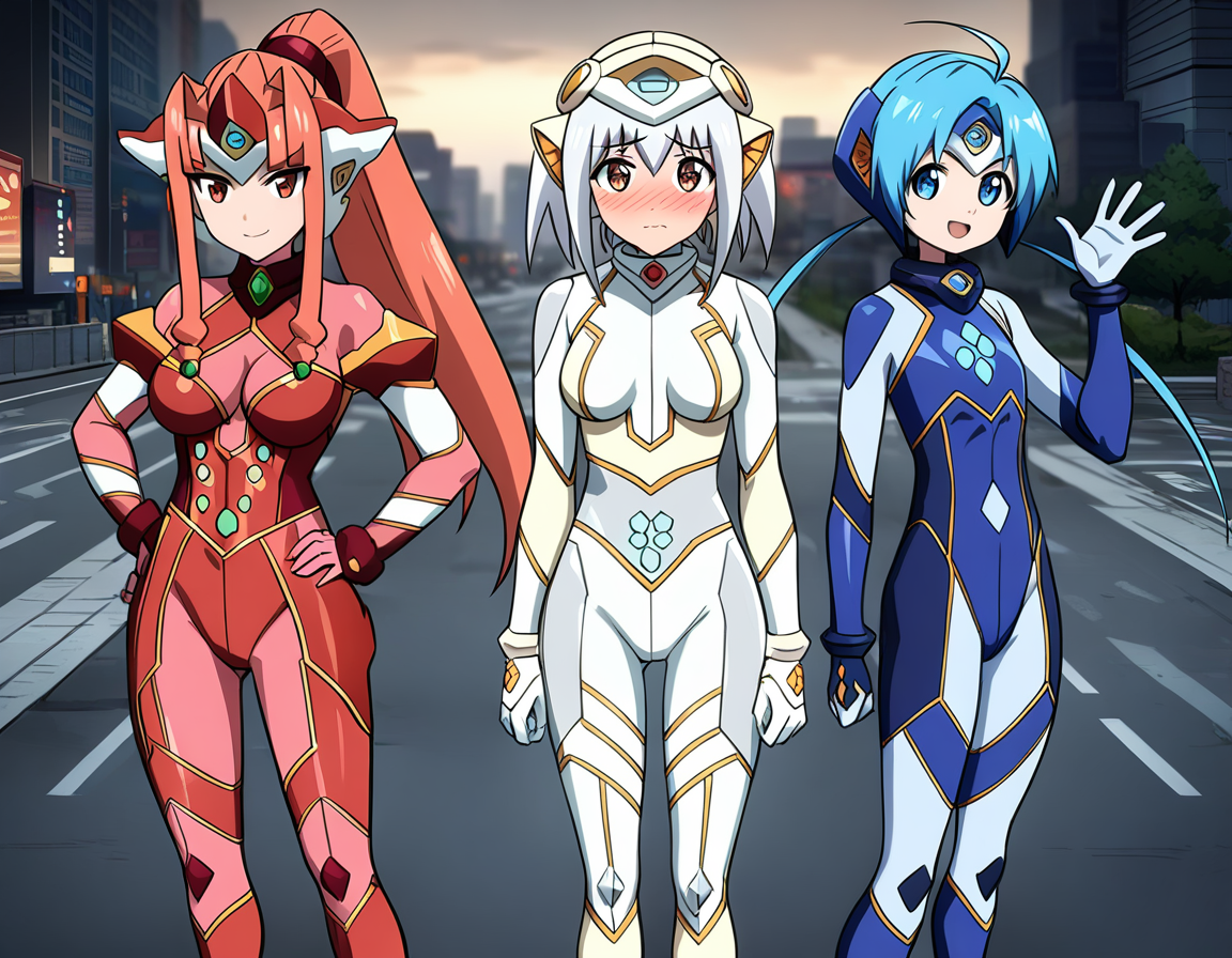 3girls, looking at viewer, all intricate, extremely detailed wallpaper, best quality, masterpiece, cityscape, standing
ADDCOMM
ultired, red bodysuit, ponytail, smile, doyagao, hand on own hip,
ADDCOL
ultiwhite, white bodysuit, short hair, closed mouth, embarrassed, blush,
ADDCOL
ultiblue, flat chest, blue bodysuit, waving arm, smile, open mouth, low twintails,
<lora:UltimateGirls-SDXL-2:0.8>