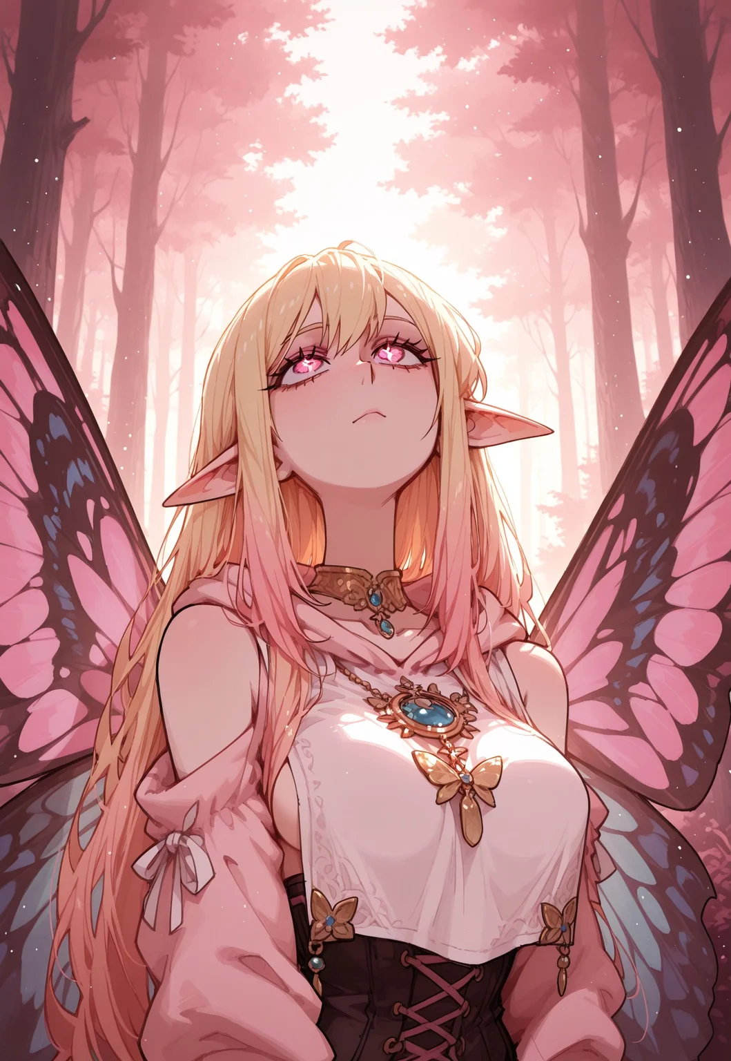 masterpiece, best quality, very aesthetic, absurdres, ambient light, soft light, SagawaStyle, Rapscallionstyle, light particles, vanripper, artist:moriimee,
1girl, (pink) gradient hair, shoulders length hair, BREAK
(Masterpiece), (expressive eyes), 1girl, Titania, butterfly wings, large wings, pointy ears, long blonde to pink hair, cloth hoody, ((breast curtain)), necklace, sense of holiness, holy, forest, outdoors,