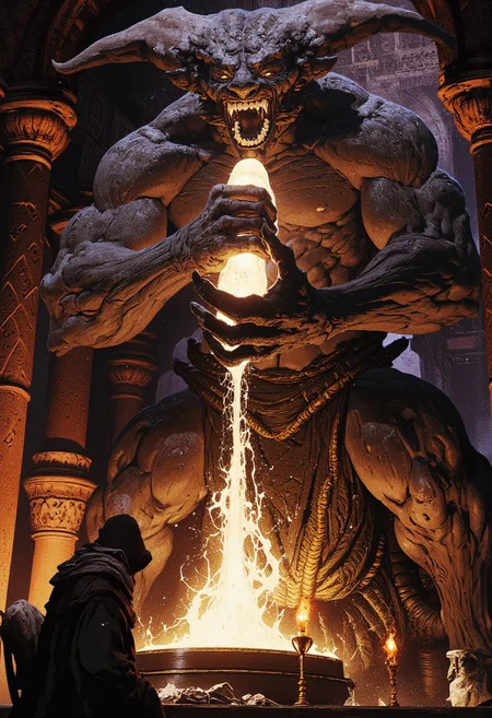 This image is a highly detailed, CGI-rendered scene depicting a dark, mystical interior. The focal point is a large, menacing stone statue of a demonic creature with grotesque features, including horns, fangs, and a leathery texture. The creature's face is contorted in a snarl, and its muscular arms are raised, gripping a large, glowing, ethereal object. The statue is illuminated by a dim, warm light, casting deep shadows that enhance its menacing aura.
In the foreground, on the left side, stands a cloaked figure with a hooded head, partially obscured, indicating a mysterious or secretive presence. The figure appears to be examining the statue or the glowing object it holds. To the right of the statue, there is a small, ornate altar with a golden, candlelit chalice, which adds a touch of ritualistic or religious symbolism.
The background features intricate, ancient stone carvings and columns, suggesting a sacred or ritualistic space. The overall atmosphere is dark and foreboding, with a heavy emphasis on shadow and texture, creating a sense of dread and mystery. The scene is rich in detail and uses high contrast lighting to highlight the dramatic and eerie elements.，mythp0rt, zhongfenghuaStyle, Detailed hand, Hand, Perfect hand, art by incase