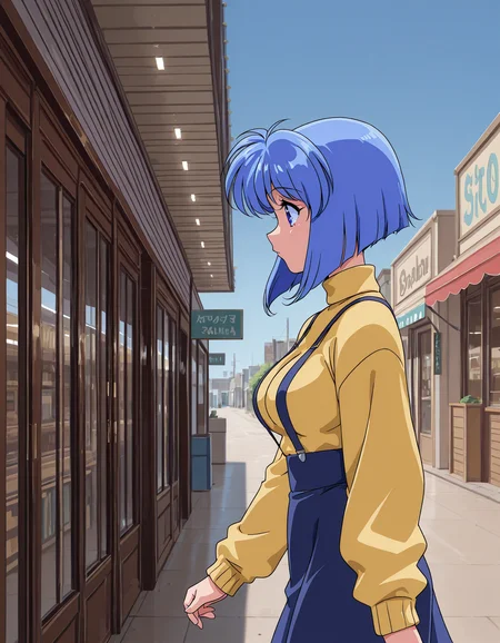 <lora:viper-f40-illustrious-000012:0.75> lilia, yellow sweater, suspenders, blue skirt
1girl, solo, from side, walking, upper body, storefront, blue sky