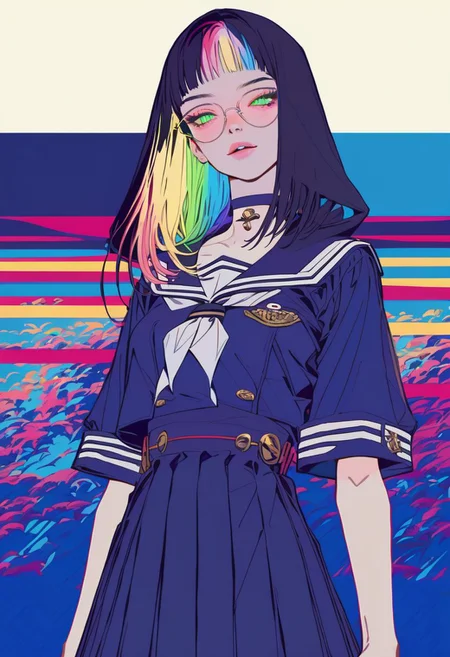 wide shot of classic car, mushroom paintjob, pretty girl on hood, petite bombshell, green eyes, round glasses, short colorful hair, rainbow highlights, candy hairpin, sexy pose, slutty see-through sailor uniform, skirt, dappled lighting, race track background, sinozick style
score_8_up <lora:Taiki Dendro-000027:1>