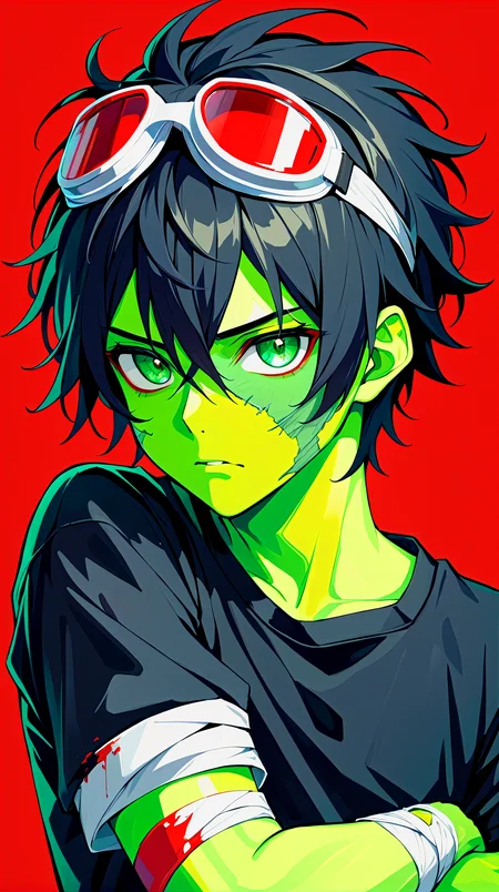(masterpiece, best quality:1.2), by nixeu, 1boy, male focus, solo, disgust, black hair, messy hair, short hair, green eyes, zombie, green skin, black shirt, short sleeves, bandaged arm, goggles on head, portrait, red background, impasto, realistic