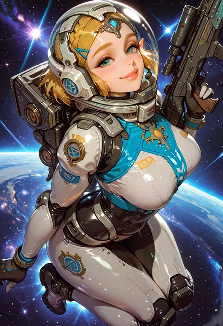 masterpiece, best quality, good quality, very aesthetic, absurdres, newest, 8K,
masterpiece, best quality, very aesthetic,
1girl, Princess Zelda, golden hair
20years old, eyelashes, plump lips, petite, slim waist,
large sagging breasts,
blush, outer space, galaxy, space suit, heavy space suit, helmet, floating, rotating, zero gravity, headset, looking at viewer, smiling, happy, neon planet lights, gloves, Exoskeleton, folding, bend knees, heavy armor, dynamic pose, holding futuristic rifle,