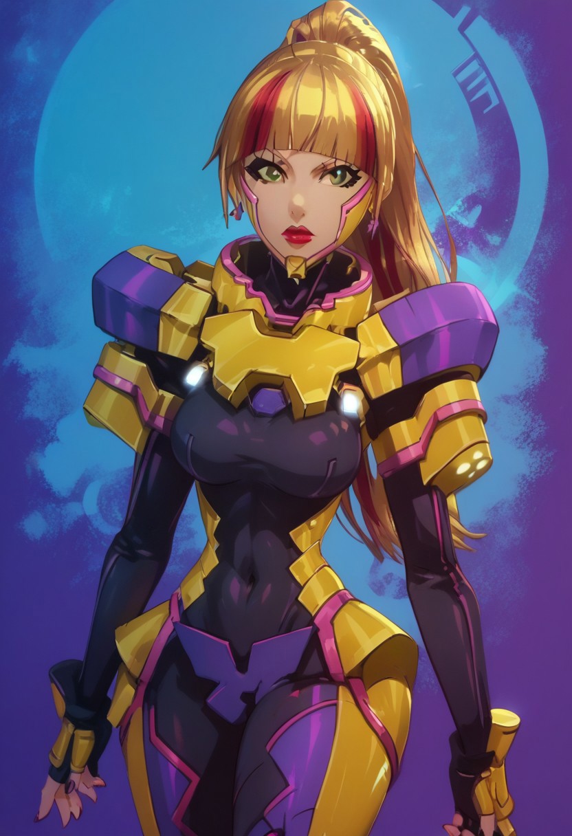 score_9, score_8_up, score_7_up, high detailed, high quality, masterpiece, no text, quality highlights, 8k detail, detailed background, source_anime, dynamic view, hentai, ultra-detailed, BREAK
KK_Anime,
1girl,
solo,
blonde hair,
Long hair,
red streaks,
ponytail,
earrings,
green eyes,
red lips,
mecha bodysuit,
medium breasts,
dynamic pose,
BREAK
dark abstract background,