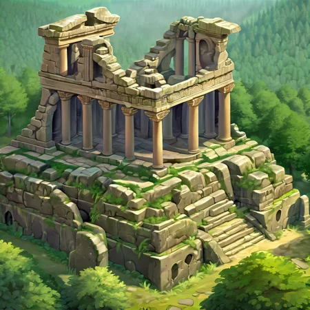 ((masterpiece, best quality)), absurdres, Isometric_Setting, detailed ancient ruins, forest in the background, <lora:Stylized_Setting_SDXL:1.0>