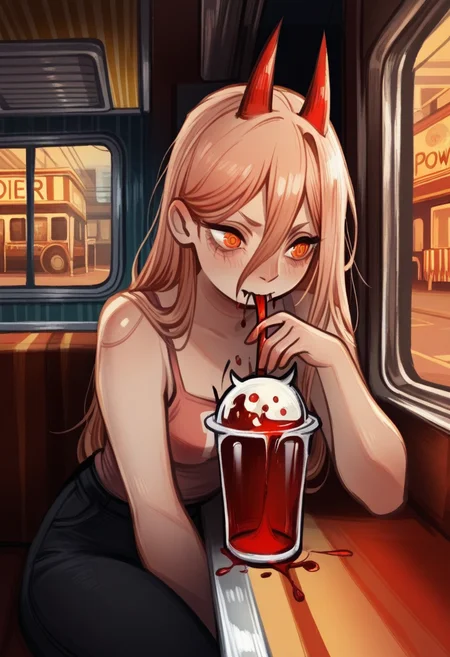 d0p4style, masterpiece, best quality, solo, power \(chainsaw man\), red horns, drinking blood smoothie, straw, street, seated in diner, warm colors, window,