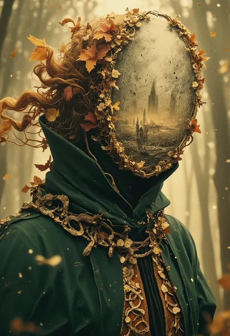 A surreal high-resolution portrait of a graceful anthropomorphic giraffe girl, seamlessly blending elements of nature and mystery. Her face is replaced by a mirror that reflects a dystopian future: a crumbling cityscape buried under snow and ash, with shattered skyscrapers and flickering neon signs casting an eerie glow. In striking contrast, the world around her is alive and serene—a vibrant forest bathed in golden sunlight. She is a forest guardian, her flowing mane of earthy tones adorned with delicate flowers and intertwining vines. A moss-green cloak drapes elegantly over her shoulders, its intricate leaf patterns harmonizing with her beautifully patterned giraffe spots.
Wind swirls through the scene, carrying leaves and scattering snowflakes from the mirror’s surface. Sunlight filters through the canopy, casting dappled light on her tall, elegant figure. The juxtaposition of the tranquil, vibrant forest and the dystopian storm within the mirror creates a mesmerizing and thought-provoking atmosphere, heightened by the hyper-detailed textures of her cloak, mane, and the ornate baroque leather high-collar jacket she wears beneath. The image exudes an air of natural serenity, ethereal mystery, and quiet resilience.