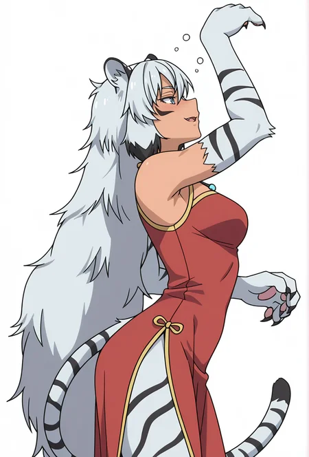 Smooth Quality,masterpiece,very intricate, high quality details, ultra realistic, high detailed skin,detailed enviorement,absurdres,
simple background, white background,solo,
from side,dancing, 
drunk,
 <lora:Suphia_CNR_r1:0.8> suphia_cnr, 1girl,long hair, grey hair, blue eyes,dark-skinned female, facial mark,tiger ears, tiger tail, fang,monster girl,necklace,suphia_tiger,slit pupils,very long hair, white hair,claws,animal hands,cheongsam top,  ,peacoat,  ,slit skirt,,