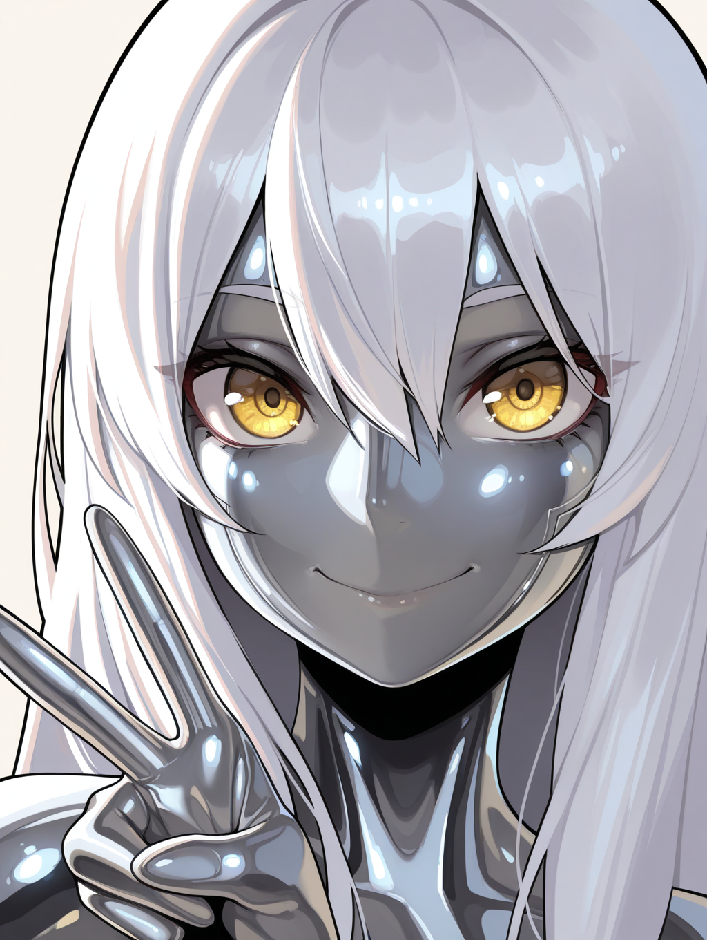hi res, masterpiece, best quality, highres, v, yellow eyes, smile, long hair, looking at viewer, 1girl, hair between eyes, simple background, closed mouth, portrait, cartoon, metal skin, shiny,,masterpiece,best quality,amazing quality