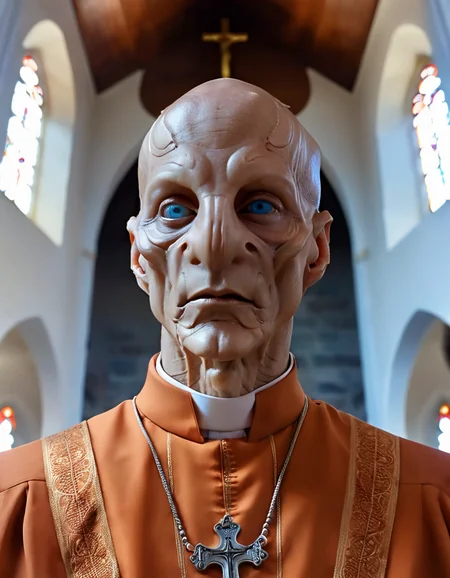 SaruST, kelpien man, bald, alien, blue eyes, brownish orange skin, priest clothes, upper body , standing, church interior, sharp focus