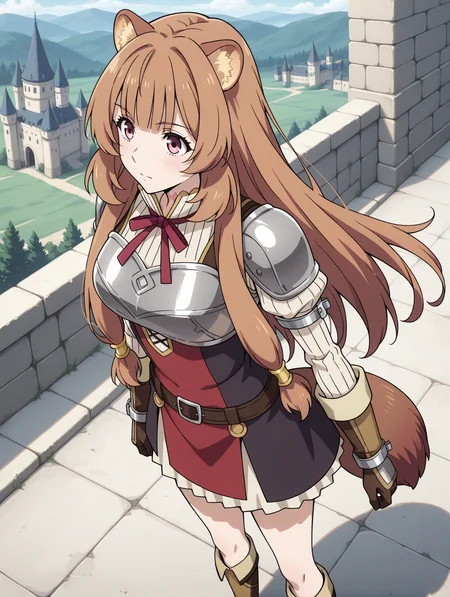 (red dress striped sweater red neck ribbon breastplate belt brown gloves knee boots:1.50),
tny-raphtalia, pink eyes, brown hair, sidelocks, blunt bangs, raccoon ears, raccoon tail,
medium breasts, 1girl, solo, skinny,
(masterpiece, highres, ultra-detailed,very aesthetic, best quality, absurdres, high quality, highres),
,
from above,
(feet:0.90),
BREAK,
castle,
long hair
<lora:tny-raphtalia-V01-illXL-000003:0.80>