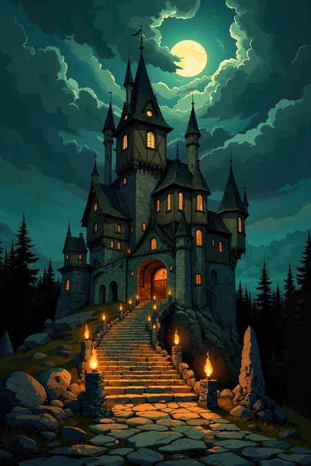 a fantastical, gothic-style castle set against a dark, moody night sky. The castle is prominently centered and illuminated by a soft, warm glow, contrasting sharply with the surrounding dark, cloudy night. The architecture is intricate, with multiple turrets, ornate spires, and pointed roofs. The structure is constructed from a mix of stone and wood, with the stone sections appearing weathered and aged, while the wood is a rich, warm brown.In the foreground, there is a stone pathway leading up to the castle, flanked by small, flickering orange flames, adding an eerie, mystical ambiance. The pathway is slightly elevated, suggesting a natural or man-made step. The ground around the pathway is rocky and uneven, adding to the rugged, ancient feel of the scene.The background features a dense, dark forest with trees silhouetted against the night sky, contributing to the mysterious atmosphere. The sky is filled with swirling, dark clouds, and a full moon, partially obscured by the clouds, casts a soft, diffused light over the scene. The overall color palette is dominated by deep blues, dark greens, and warm oranges, creating a dramatic and haunting visual experience. DB4RZ, DB4RZ style painting, NeoPigma, in the style of cksc, anime, cyberpunk, a masterpiece, award winning,<lora:CPA:0.5><lora:FLUX-daubrez-DB4RZ:0.3><lora:NeoPigmaV3:0.35><lora:ck-shadow-circuit-000021:0.35>
