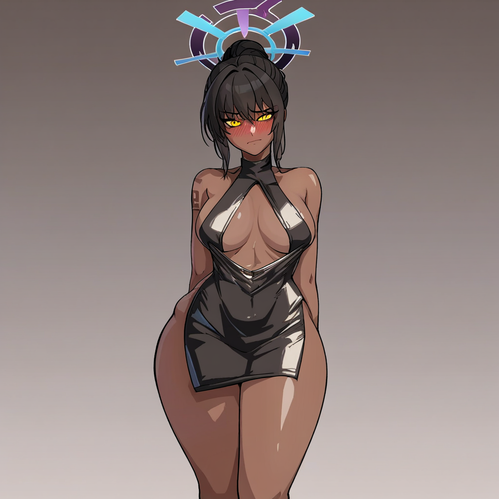 score_9, score_8_up, score_7_up, source_anime, expressive, anime, Artist speedlines, dynamic, FBWSTYL3, 1woman, (Karin_(Blue Archive)), (dark-skinned_female:1.2), yellow eyes, looking at viewer, facing viewer, dress, revealing clothes, bare_legs, blush, blushing, embarrassed, dark background, Artist Style: f.b.w