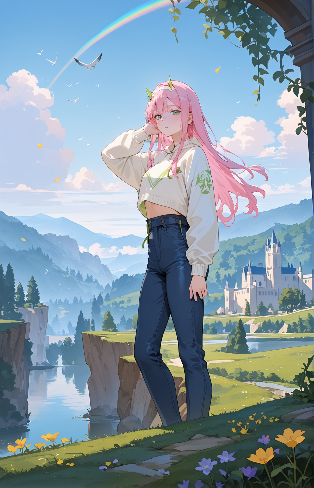 ZeroTwoCYQL,1girl,solo,pink hair,long hair,bangs,horns,hairband,white hairband,green eyes,High-waisted jeans, cropped sweater, Dr. Martens,
BREAK
sleepy,looking_at_viewer,
BREAK
scenery,outdoors,cloud,sky,flower,day,fantasy,floatingisland,castle,water,cloudysky,waterfall,bluesky,building,purpleflower,ruins,bird,standing,yellowflower,tower,tree,grass,mountain,arch,pinkflower,bridge,field,city,whiteflower,wideshot,plant,overgrown,moss,landscape,floatinghair,wind,petals,architecture,lake,reflection,sunlight,cityscape,cliff,nature,vines,river,pillar,flock,windmill,animal,fog,rock,mountainoushorizon,rainbow,horizon,ivy,leaf,house,
BREAK
<lora:spo_sdxl_10ep_4k-data_lora_webui:0.5>,<lora:illustrious_all_rated_v1:0.6>,<lora:748cmSDXL:0.8>,748cmstyle,<lora:DarkerThanBlackIllustrious:0.5>,<lora:EtherSDXL:0.5>,EtherStyle,<lora:ZeroTwoCYQL:1>,
perfect quality,high quality,masterpiece,best quality,amazing quality,very aesthetic,absurdres,newest,