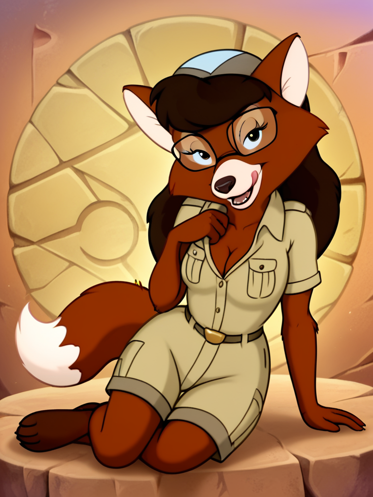 source_furry, 1girl, solo,  furry, furry female, tail,ultra high quality,ultra high resolution,ultra photorealistic,full body, seductive, very realistic,(extremely detailed), detailed background,,(masterpiece, best quality, high quality, highres, ultra-detailed), <lora:Myra_Foxworthy_Talespin pony:0.88> cartoon, flat colors, brown fur, rectangular glasses, long hair, anthro, fox, brown eyes, small breasts, long eyelashes, an image of myra foxworthy, olive blouse,licking own lips,presenting breasts,leaning slighlty forward,cleavage,seductive eyes,half closed eyes,facing viewer,slightly open mouth,desert dunes,cartoon ,posing seductive,