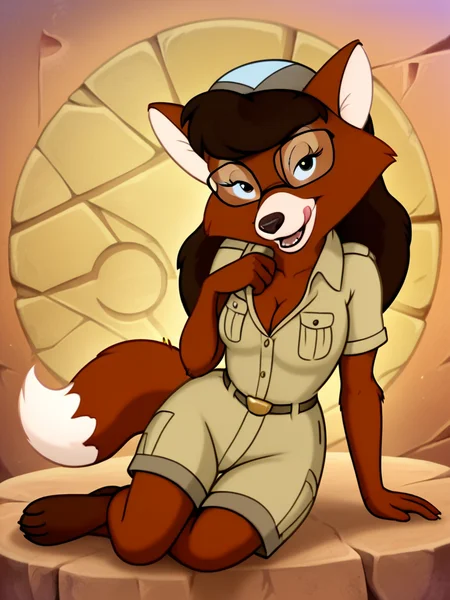 source_furry, 1girl, solo,  furry, furry female, tail,ultra high quality,ultra high resolution,ultra photorealistic,full body, seductive, very realistic,(extremely detailed), detailed background,,(masterpiece, best quality, high quality, highres, ultra-detailed), <lora:Myra_Foxworthy_Talespin pony:0.88> cartoon, flat colors, brown fur, rectangular glasses, long hair, anthro, fox, brown eyes, small breasts, long eyelashes, an image of myra foxworthy, olive blouse,licking own lips,presenting breasts,leaning slighlty forward,cleavage,seductive eyes,half closed eyes,facing viewer,slightly open mouth,desert dunes,cartoon ,posing seductive,