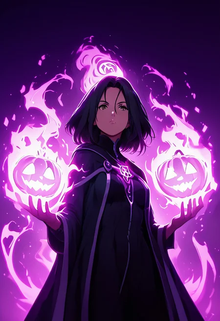 score_9, score_8_up, score_7_up, score_6, ultra detailed, side view, whr0b1n, VCuteStyle
minomi, one beautiful girl, yen_w3, mature female, femme fatal, milf, perfect hands, brown eyes, long black hair, attractive, beauty, lumina, mystical, multicolored, glowing, magic swirling, glowing magical energy, Magical pose, it would be, Pose very serious, Green, purple and blue magic, Magic green, magic purple, magic blue, auralora, Sexy and sensual legs, legs apart,
pentagram necklace, black thighhighs, lace thighhighs, thick, curvy, reij-bewitched, modern magician interior, alchemist interior, gothic, night, neon light, dark dimmed light, looks at the viewer, (floating pumpkins:1.2), upper body, (front view:1.2), from below, reij-drkrt, dark colored shadow, neon details, low contrast, (purple color grading), <lora:reij-darked:0.5>