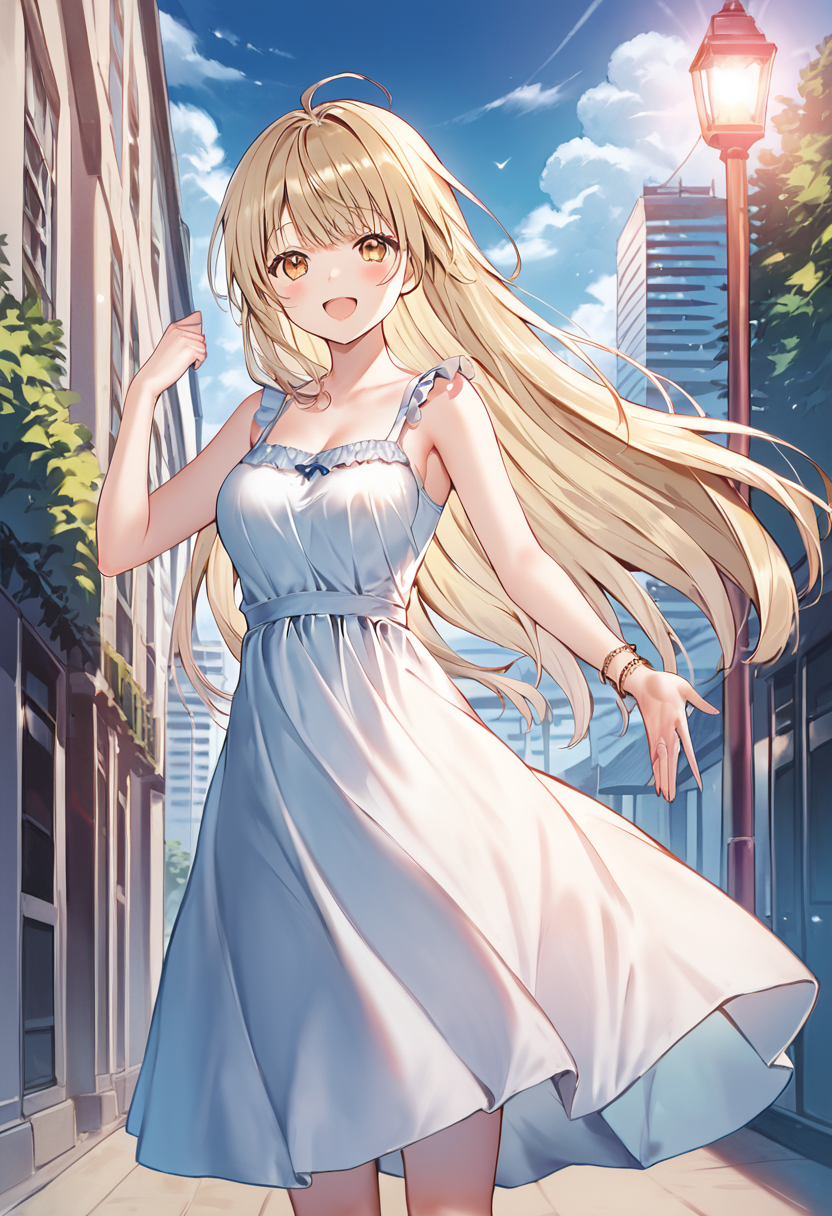 mahiru_shiina, blonde hair, long hair, yellow eyes, medium breasts,sundress BREAK outdoors, city square cowboy shot, looking at viewer, standing,open mouth, happy face , dynamic pose BREAK score_9, score_8_up, score_7_up, source_anime ,zPDXL, perfect hand , <lora:Mahiru_Shiina:0.8>