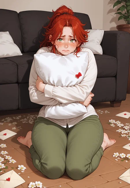 safe_pos, ((SFW)), score_9, score_8_up, score_7_up, beautiful girl, Dynamic pose, (pale skin:1.3), (freckles), green eyes, long red hair in a ponytail, messy hair, medium breasts, wide hips, curvy figure, thick legs, (chubby:0.8), solo, wearing pajama pants, wearing a large white shirt, ((crying, sad tears running down her cheeks)), kneeling, (crying into a large pillow), (hugging a pillow:1.4), looking at viewer, in the living room, barefoot, (letter on ground:1.5), (dead flowers on the ground:1.4)