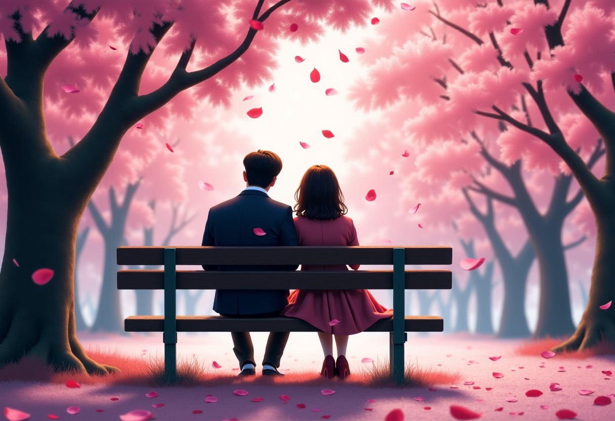 A cherry blossom grove with petals swirling around two lovers sitting on a bench, their fingers lightly touching.